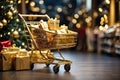 A supermarket cart with gold and red boxes of Christmas and New Year gifts between the supermarket\'s festive shelves. ,