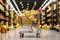 A supermarket cart with gold and red boxes of Christmas and New Year gifts between the supermarket\'s festive shelves.