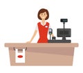 Supermarket cash desk and woman cashier