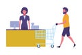 Supermarket cashier and man pushing shopping cart