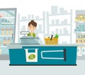 Supermarket cashier within shop interior, vector cartoon illustration