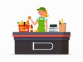 Supermarket cashier vector flat illustration isolated on white background. Woman - cashier smiling at the cashbox with