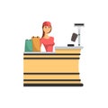 Supermarket checkout counter with cashier icon