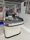 Supermarket checkout with Covid 19 protection barrier