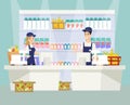 Supermarket checkout flat vector illustration. Male and female cashier cartoon characters in uniform working at grocery