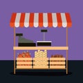 Supermarket colorful background of pay point with sunshade and wood baskets with apples bread and sausages