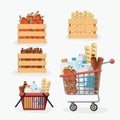 Supermarket colorful set with shelf and baskets and shopping cart with foods and drinks