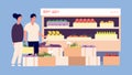 Supermarket customers. People shopping fruits vegetables. Man and woman choose fresh nutritional products. Funny