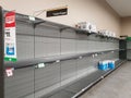 Supermarket empty toilet paper shelves amid coronavirus fears, shoppers panic buying and stockpiling toilet paper Royalty Free Stock Photo