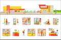 Supermarket Exterior And People Shopping Set Of Illustrations