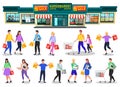 Supermarket Exterior and Set of Shopping People Royalty Free Stock Photo