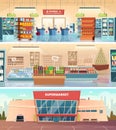 Supermarket facade. Grocery food market interior mall inside cashier vector cartoon illustrations