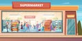 Supermarket facade. People shopping in product hypermarket grocery food store with male and female buyers vector