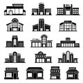Supermarket facade. Retail shop exterior commercial mall buildings recent vector icons collection of store
