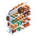 Supermarket food shelf icon, isometric style