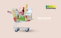 Supermarket full shopping trolley cart with fresh grocery products and red handle realistic 3D vector illustration. Self-service. Royalty Free Stock Photo