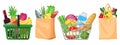 Supermarket grocery bags. Shopping baskets and bags, plastic, paper purchases packages, shopping bags with organic foods