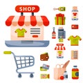 Supermarket grocery shopping retro cartoon icons set with customers carts baskets food and commerce products isolated Royalty Free Stock Photo