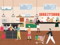 Coronavirus pandemic. Grocery store. People in face masks shopping for food, keeping distance, vector illustration.