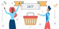 Supermarket grocery store online, customer people and basket for shopping line icons
