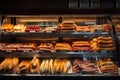 supermarket, with hot dogs and sausages in variety of flavors and types visible in display case