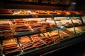 supermarket, with hot dogs and sausages in variety of flavors and types visible in display case