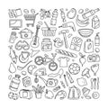 Hypermarket store food, appliances, clothes, toys icons background frame pattern