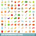 100 supermarket icons set, cartoon style