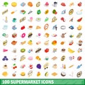 100 supermarket icons set, isometric 3d style Royalty Free Stock Photo