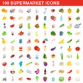 100 supermarket icons set, isometric 3d style