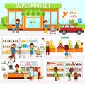 Supermarket infographic elements. Flat vector design illustration. People choose products in the shop and buy goods. Royalty Free Stock Photo