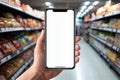 Supermarket interaction Mobile phone at goods shelves, blank screen mockup