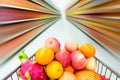 Supermarket interior, filled with fruit of shopping cart. Royalty Free Stock Photo