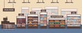 Supermarket interior flat vector illustration. Grocery store, shelves with food products. Cartoon food shop aisle Royalty Free Stock Photo