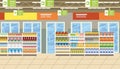 Supermarket Interior with Food on Shelves Vector Royalty Free Stock Photo