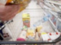 Blurred abstact background of shopping cart in supermarket . Blurry view inside department store with shopping trolley. Royalty Free Stock Photo