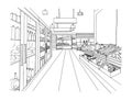 Supermarket interior hand drawn black and white illustration. Grocery store.