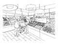 Supermarket interior in hand drawn style. Grocery store, vegetable department. Vector black and white illustration.