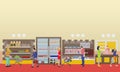 Supermarket interior vector illustration in flat style. Customers buy products in food store. Royalty Free Stock Photo