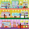 Supermarket interior vector illustration flat style. Customers buy products in food store. People shopping. Royalty Free Stock Photo