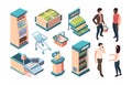 Supermarket isometric equipment set. coffee cans shopper with basket seller consultant cash desk computer conveyor belt