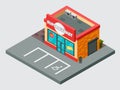 Supermarket isometric vector building isolated shop mall city supermarket building design. Urban business construction