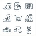 supermarket line icons. linear set. quality vector line set such as sales assistant, barcode, supermarket, scale, shopping cart,