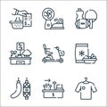 supermarket line icons. linear set. quality vector line set such as t shirt, checkout, sausages, frozen goods, mobility scooter,