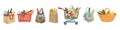 Supermarket or market food in basket and paper bag, handbag or cart