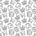 Supermarket pattern. Seamless icon background for shop and commerce. Store cart and basket. Boutique bag. Price tag. Buy