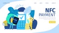 Supermarket payment with nfc paying landing page, vector illustration. People character with smart watch make cashless
