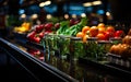 Supermarket with produce in front. Glass jars with fresh vegetables on the counter in the store Royalty Free Stock Photo