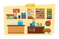 Supermarket building with products shelves. Grocery items, retail. Royalty Free Stock Photo