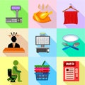 Supermarket promotion icons set, flat style